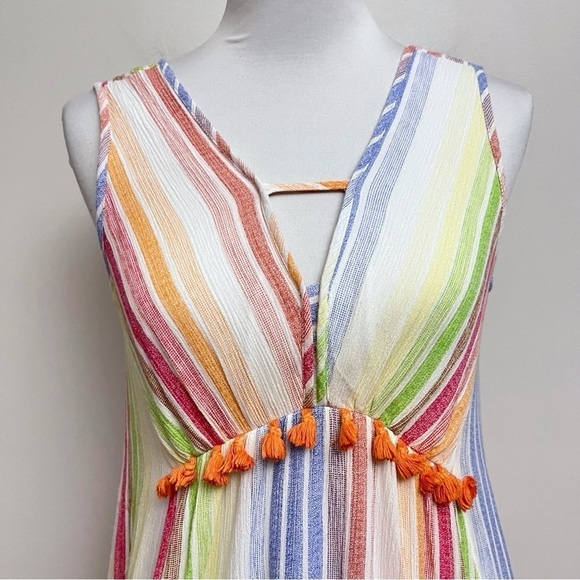 THML Striped Multicolor Pom Pom Fringe Strapless A Line Mini Dress Small - Picture 2 of 7